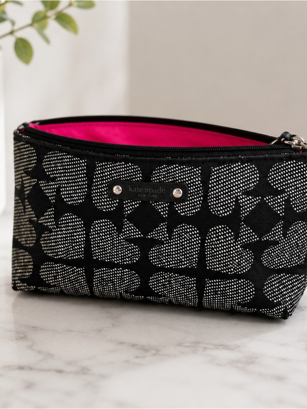 Kate Spade New York Black & White Print Cosmetic Pouch | Red Lining | Zip Makeup - Picture 3 of 7